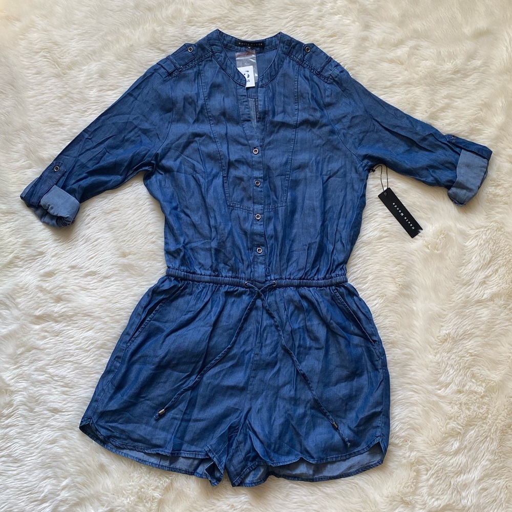 Haute Monde Button-up Tie-waist Romper, Size M Blue